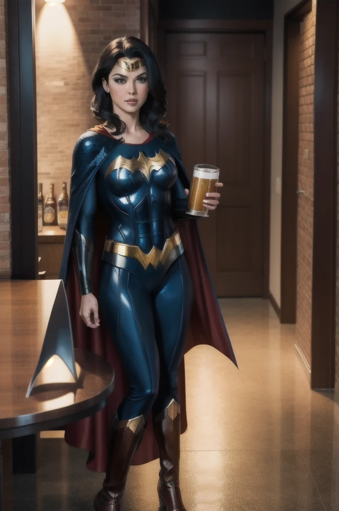 1boy, batman and wonderwoman, suit, cape, drinking, beer, masterpiece , best quality, detailed,