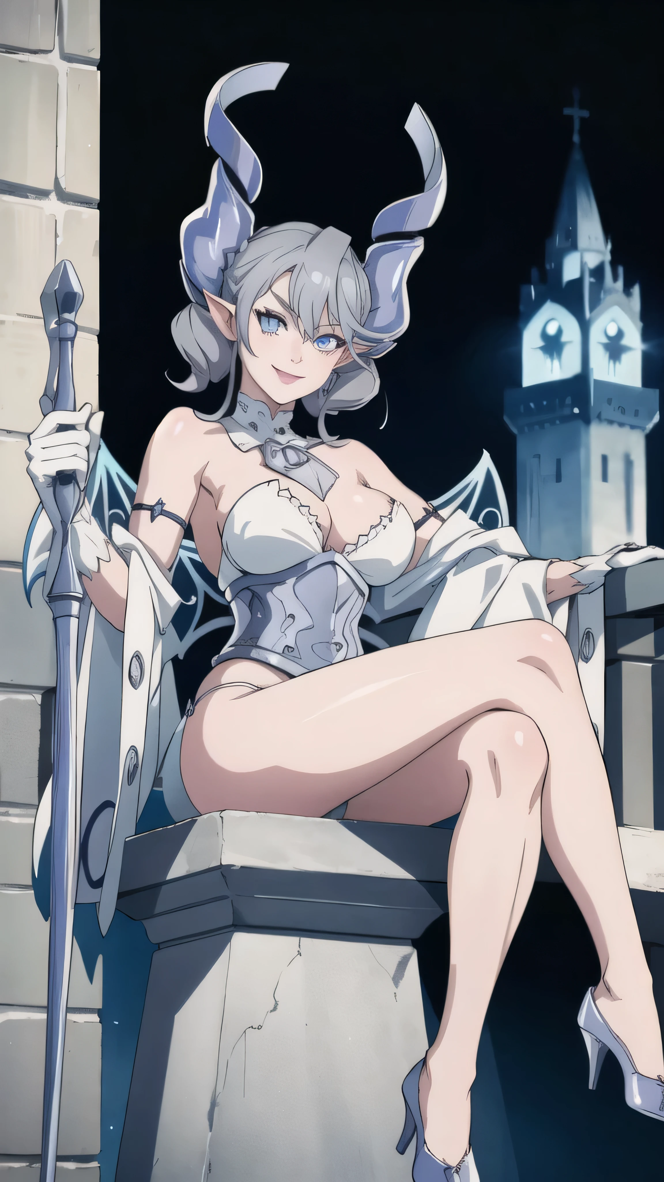 Outside castle top High level image quality best image quality 8K adult woman silver castle outside more colors whole body view portrait bikini horn ears short hair((shortcut)(gray hair)(perm)(fluffy)) eye color is blue , , attractive evil face , smile , sexy pose , labrynth , barearm gloves , wearing pink , wings , sitting on face statue ,holding her weapon , crossed legs, view heels , view foot arc