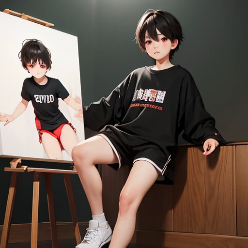 Under the legend,Shara,boy,sexy for,black shirt,black shorts,Black Silk,white sneakers, Blush,Standing position,has short brown hair,Painting Stand,blood red eyes, open legs, เด็กman, man, 10 years old,