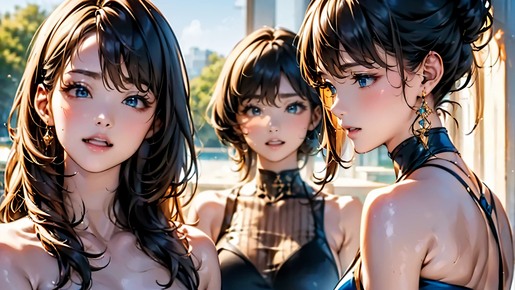 ((Highest quality、masterpiece、8K、Realistic、超High resolution、Very delicate and beautiful、High resolution、Cinema Lighting))、((Three Women:1.9))、((Mr.々Swimsuit、Each has their own unique hairstyle))、They all laugh happily、We have a good time together。In the background there is a clear blue sky and green trees々is spreading々i can see、The pool is filled with refreshing blue water.。
