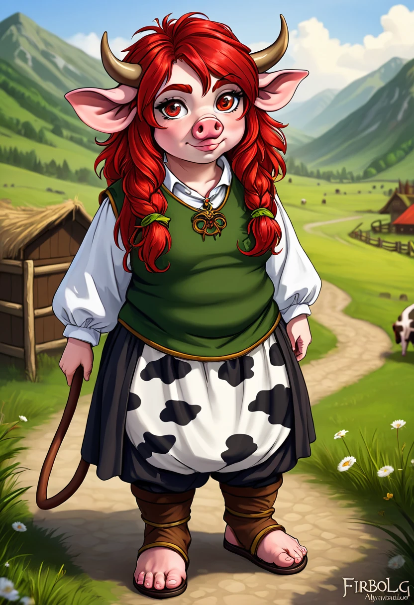 A mythical Humanoid creature called a firbolg. Unnatural red hair. Unnaturally thick eye brows.Snout like nose, large cow like ears. A long cow like tail. Feet like a pigs. Weareing handmade clothes.