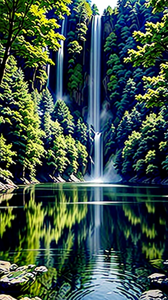(work of art, best qualityer:1.2), in an environment of reflection for self-knowledge ,in the middle of the lake in a beautiful landscape, with trees and rivers, waterfall with crystal clear water