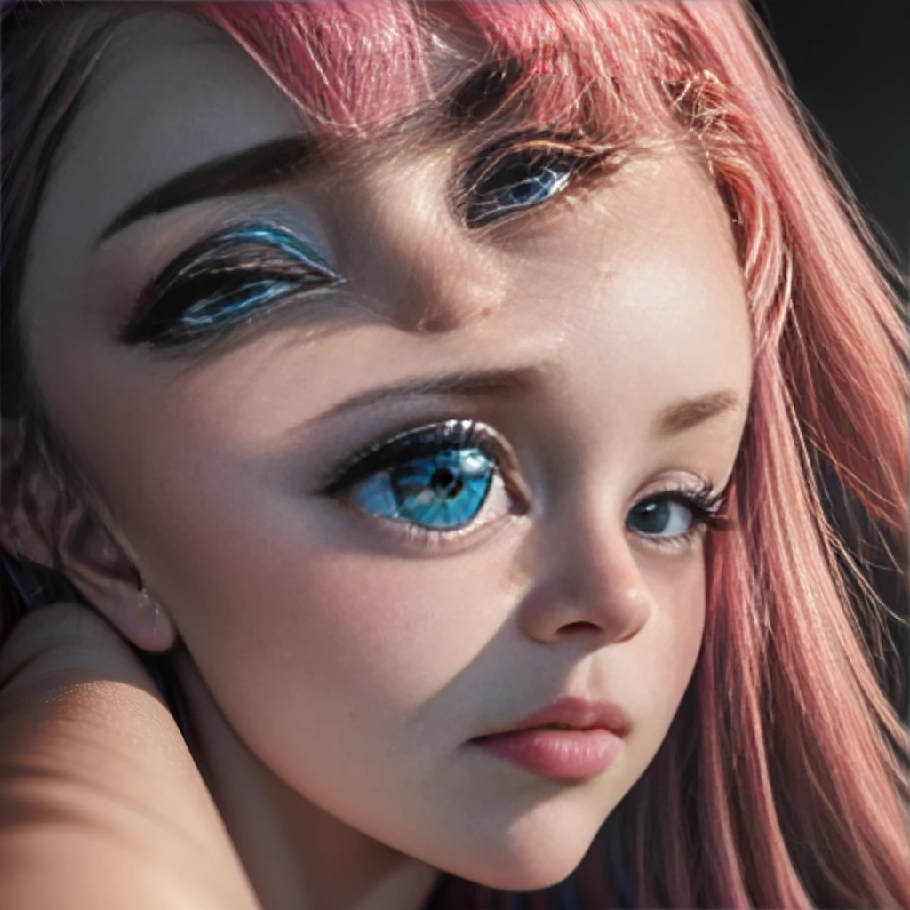 beautiful detailed woman,cleavage,pink and blue hair,large eyes,extremely detailed eyes,perfect face,seductive,vivid colors,detailed skin,(best quality,4k,8k,highres,masterpiece:1.2),ultra-detailed,(realistic,photorealistic,photo-realistic:1.37),photoportrait,colorful eyes