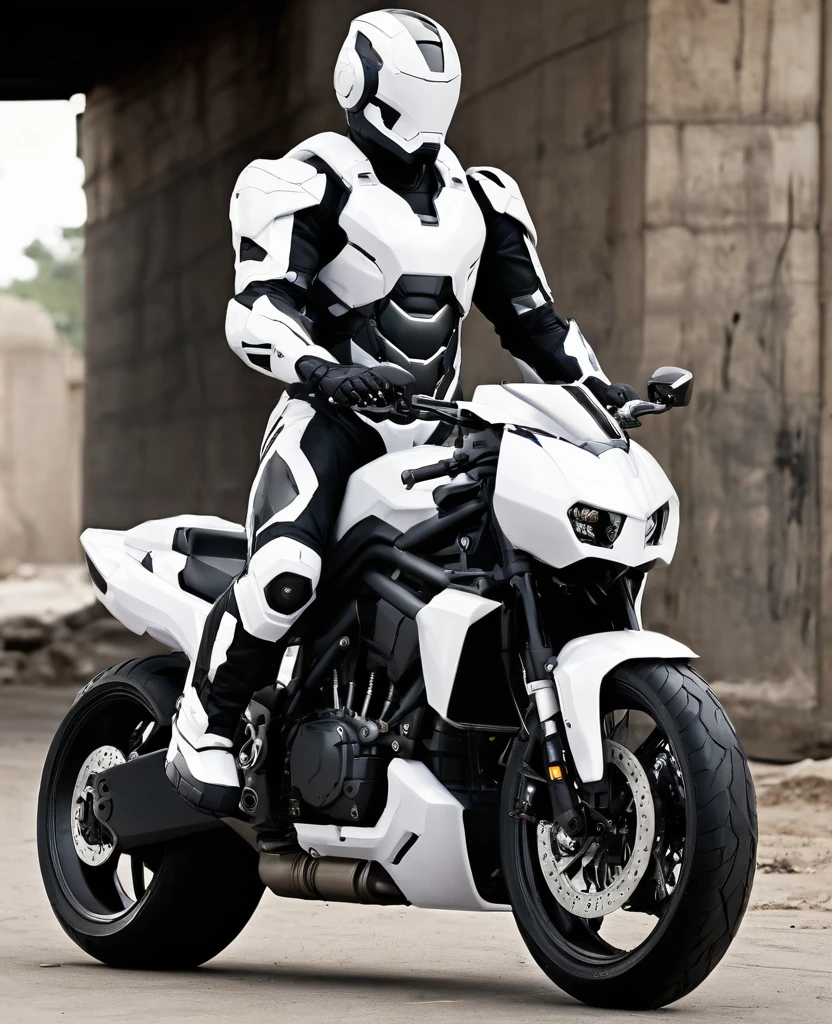 War machine, (white and black random coloured, heroic full body, war machine style, (behind motorcycle)