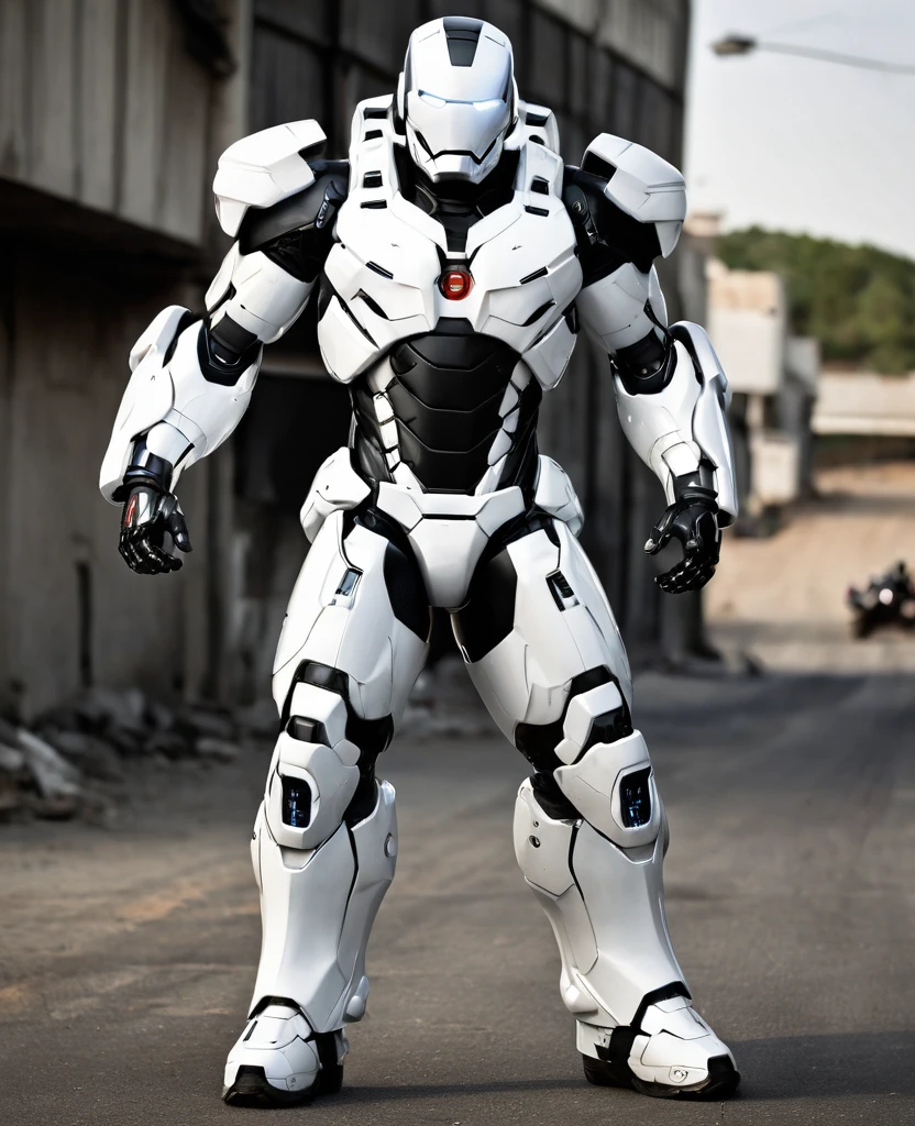 War machine, (white and black random coloured, heroic full body, war machine style, (behind motorcycle)