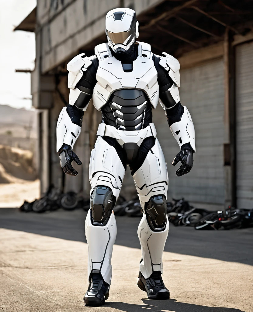 War machine, (white and black random coloured, heroic full body, war machine style, (behind motorcycle)