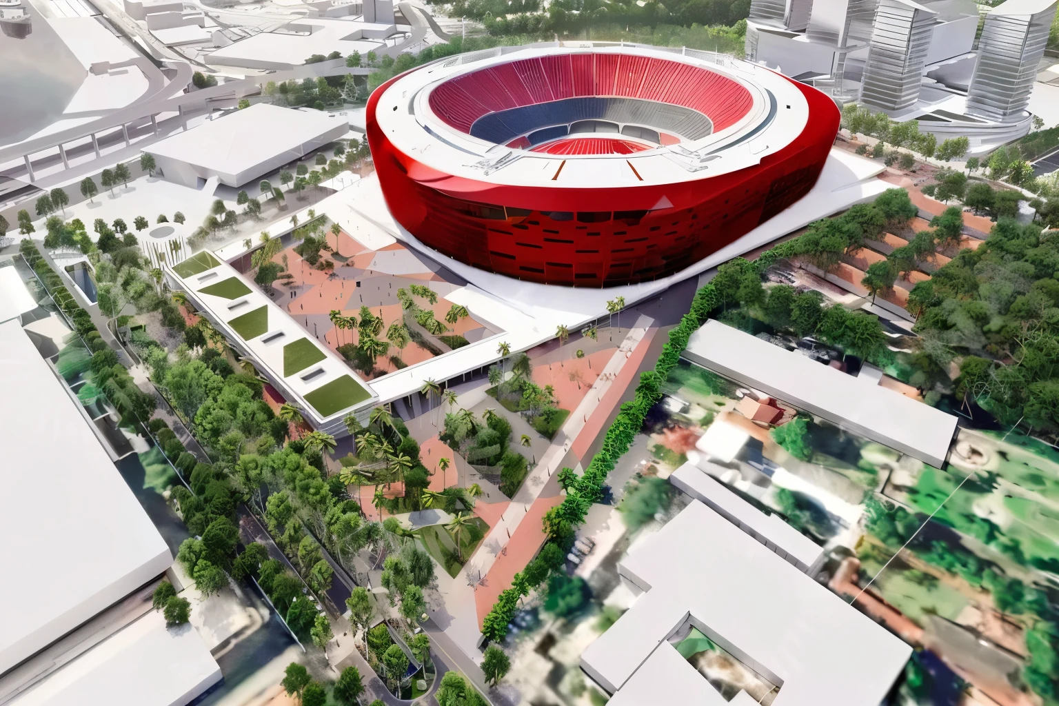 Flamengi club football stadium, predominant in red and black colors. with the club symbol. a Rendering of a Stadium with a red roof and a white roof, Stadium, big fit ass angular exterior 2022, soccer Stadium, photo from 2022, big fit ass!!!!!!!!!!!!, Stadium landscape, clipe do Stadium, Rendering, digital Rendering, art deco Stadium, futuristic sport arena, sharp hq Rendering, artistic print, conceptual Rendering