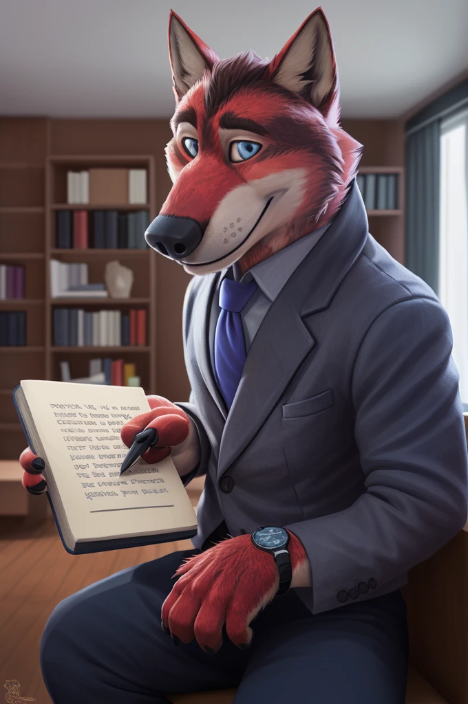 Ivan Fedorovich Wolfbach (Novosibirsk) ,tall handsome, wolf,young, 24 years, brown fur,Kind,(red body:1.3),beautiful blue eyes,Novosibirsk,dressed, shirt, purple tie, trousers, , wolf, detailed fur, male,paw pads, finger claws,At the viewer, 5 fingers, paws, 5 fingers, smile, wrist watch, т nextel,by xenoforge, (difficult, high detail, digital photography, soft focus, RAW variety вкдущий передачи,Very close to the camera, variety,Novosibirsk, smile, good mood, positive, Very close to the camera, is sitting, poet of books, is sitting за компьютером столом, apartment, holding a pen,
Photorealism, realistic, digital style, Subsurface scattering,I look at the viewer,smdit writes a book, a glass of water, handle, paper,
masterpiece, Best quality, ultra realistic, 8 thousand.)