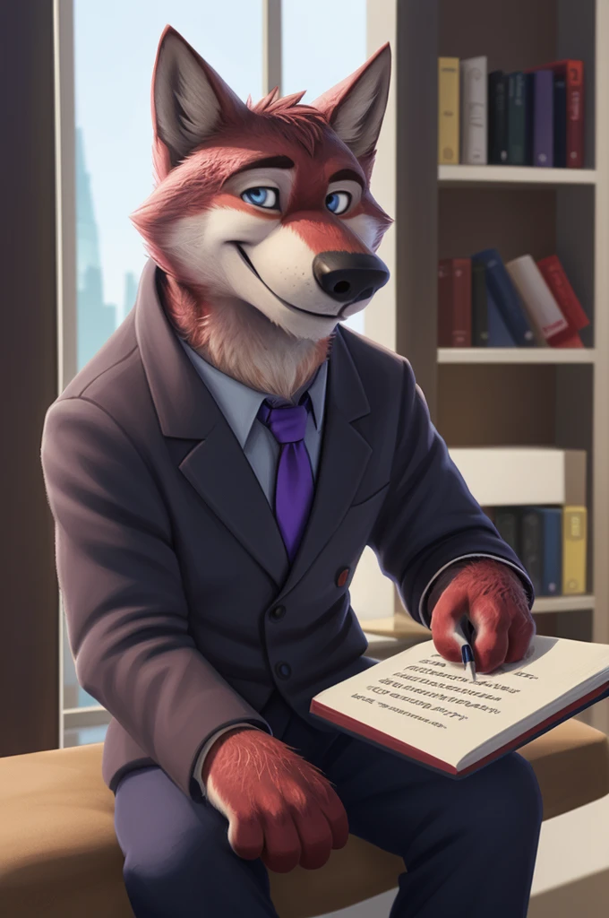 Ivan Fedorovich Wolfbach (Novosibirsk) ,tall handsome, wolf,young, 24 years, brown fur,Kind,(red body:1.3),beautiful blue eyes,Novosibirsk,dressed, shirt, purple tie, trousers, , wolf, detailed fur, male,paw pads, finger claws,At the viewer, 5 fingers, paws, 5 fingers, smile, wrist watch, т nextel,by xenoforge, (difficult, high detail, digital photography, soft focus, RAW variety вкдущий передачи,Very close to the camera, variety,Novosibirsk, smile, good mood, positive, Very close to the camera, is sitting, poet of books, is sitting за компьютером столом, apartment, holding a pen,
Photorealism, realistic, digital style, Subsurface scattering,I look at the viewer,smdit writes a book, a glass of water, handle, paper,
masterpiece, Best quality, ultra realistic, 8 thousand.)