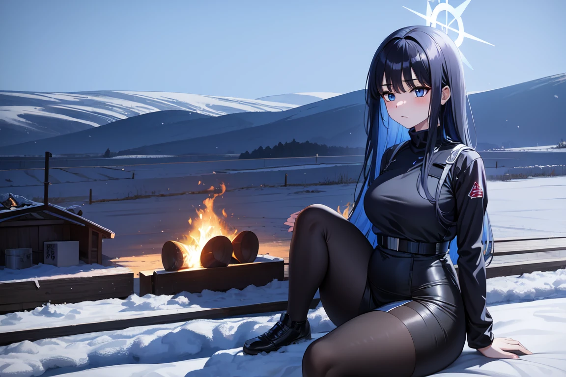 1girl,solo, saorijoumae, saori joumae, blue eyes, blue hair, halo, long hair, black clothes red parts, tall, ager, sitting on steel boxes, snowy plains, campfire, snow