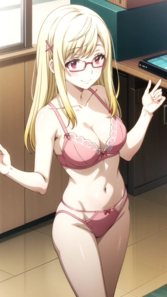 Anime girl in pink lingerie with glasses and pink bra., seductive anime girl, Best Anime Girl, attractive anime girl, revealing outfit, asuka suit under clothes! 4k, soft anime cg art, wearing bra, makoto, oppai Yamada mocking smile_yellow, 1chica , by rubio, alone, wide, hair ornament, , smile, bow, red eyes my dress darling anime, beautiful seductress anime anime