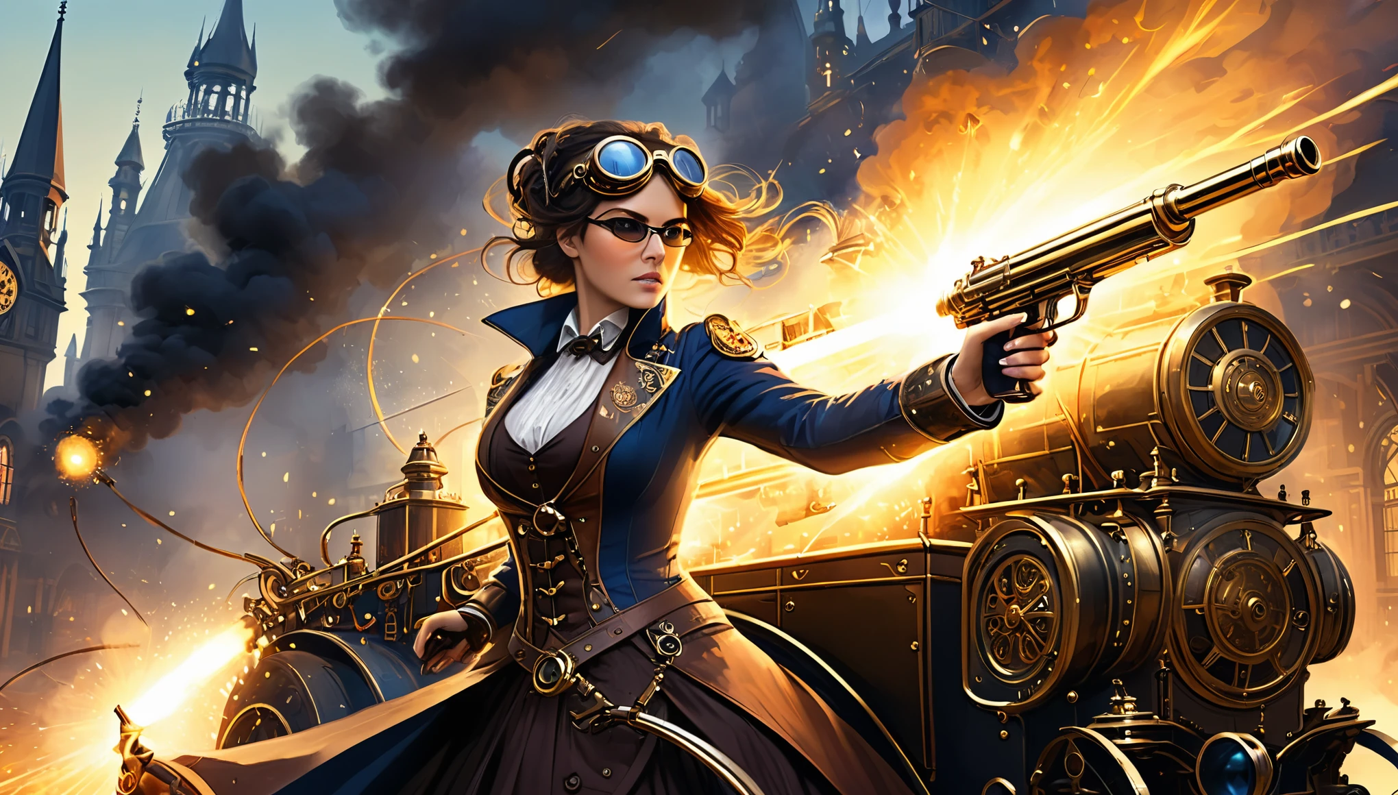 A fierce woman with steampunk goggles and mechanical arm, aiming a steam-powered gun out of a brass-clad vehicle, surrounded by steam and fiery sparks in a Victorian-era setting.