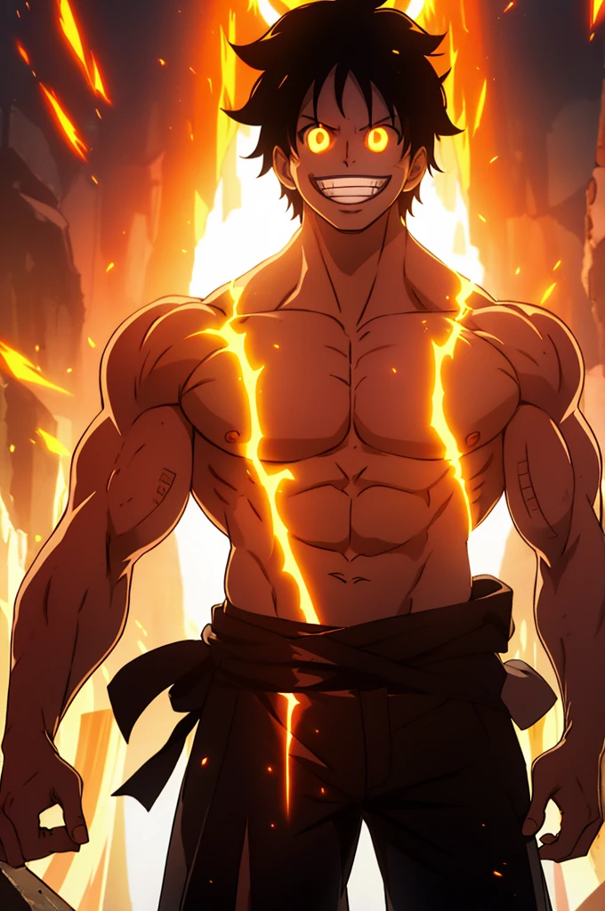 a strong guy, shirtless, long standing black hair, shining orange aura, huge grin, white eyes, muscular