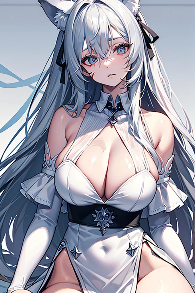 best qualtiy,tmasterpiece,The is very detailed,4K,Gray hair and shallow eyes,Drag cool expressions,Wolf ears,Erect scar on the left eye,British style,1girl,Absolutely beautiful, huge breasts, white costume, ear ribbon