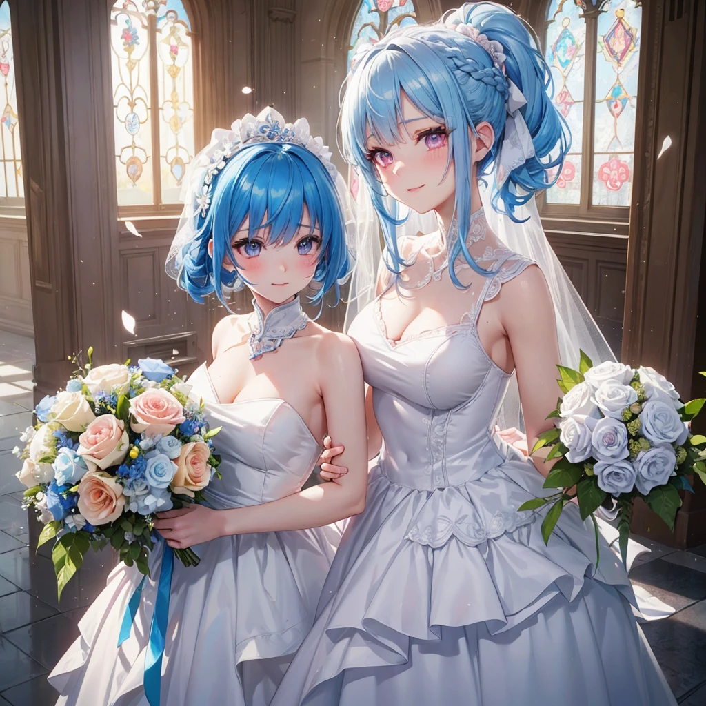 Sky blue hair, (Braided Ponytail),(Pink Eyes),Fair skin ,(whole body),(One girl),bride,A happy smile,Eyes shining with tears,Straight bangs, 6月のbride,Wedding dress,(masterpiece, Highest quality, Very detailed, Best Shadow), (Detailed Background), (Beautifully detailed face), High Contrast, (Best lighting, Very delicate and beautiful), ((Cinematic Light)), colorful, Hyper Detail, Dramatic Light, Intricate details,Chapel,Bouquet of roses