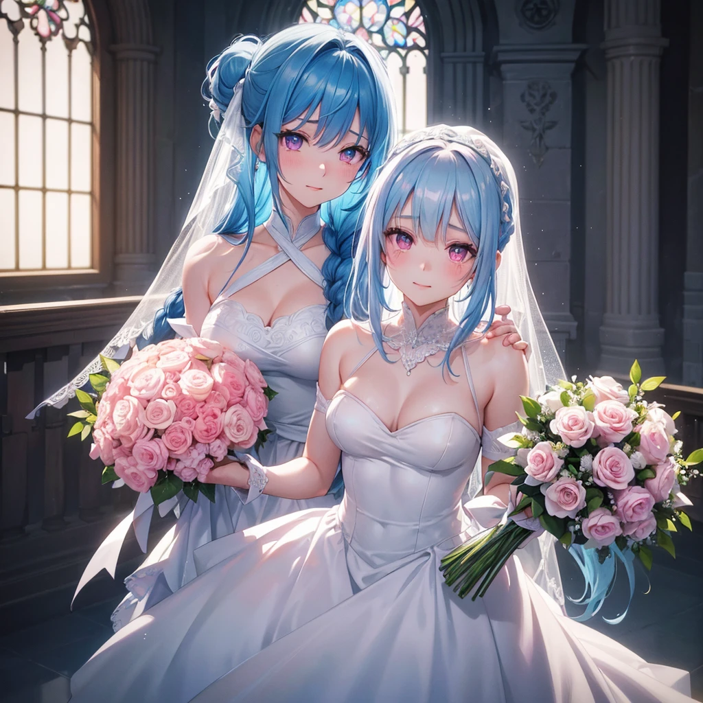 Sky blue hair, (Braided Ponytail),(Pink Eyes),Fair skin ,(whole body),(One girl),bride,A happy smile,Eyes shining with tears,Straight bangs, 6月のbride,Wedding dress,(masterpiece, Highest quality, Very detailed, Best Shadow), (Detailed Background), (Beautifully detailed face), High Contrast, (Best lighting, Very delicate and beautiful), ((Cinematic Light)), colorful, Hyper Detail, Dramatic Light, Intricate details,Chapel,Bouquet of roses