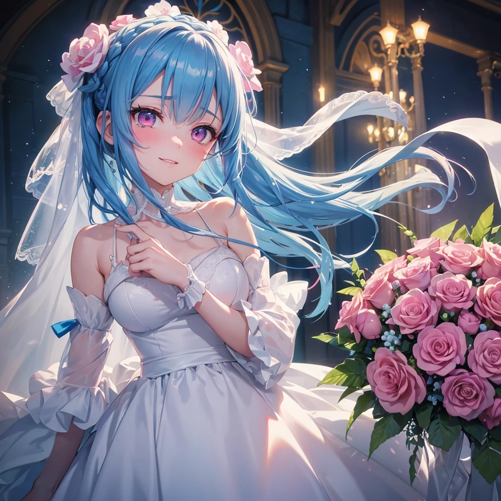 Sky blue hair, (Braided Ponytail),(Pink Eyes),Fair skin ,(whole body),(One girl),bride,A happy smile,Eyes shining with tears,Straight bangs, 6月のbride,Wedding dress,(masterpiece, Highest quality, Very detailed, Best Shadow), (Detailed Background), (Beautifully detailed face), High Contrast, (Best lighting, Very delicate and beautiful), ((Cinematic Light)), colorful, Hyper Detail, Dramatic Light, Intricate details,Chapel,Bouquet of roses