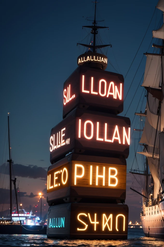 A stacked speaker forming the letters SALLUAN,  with lights and ships and noise