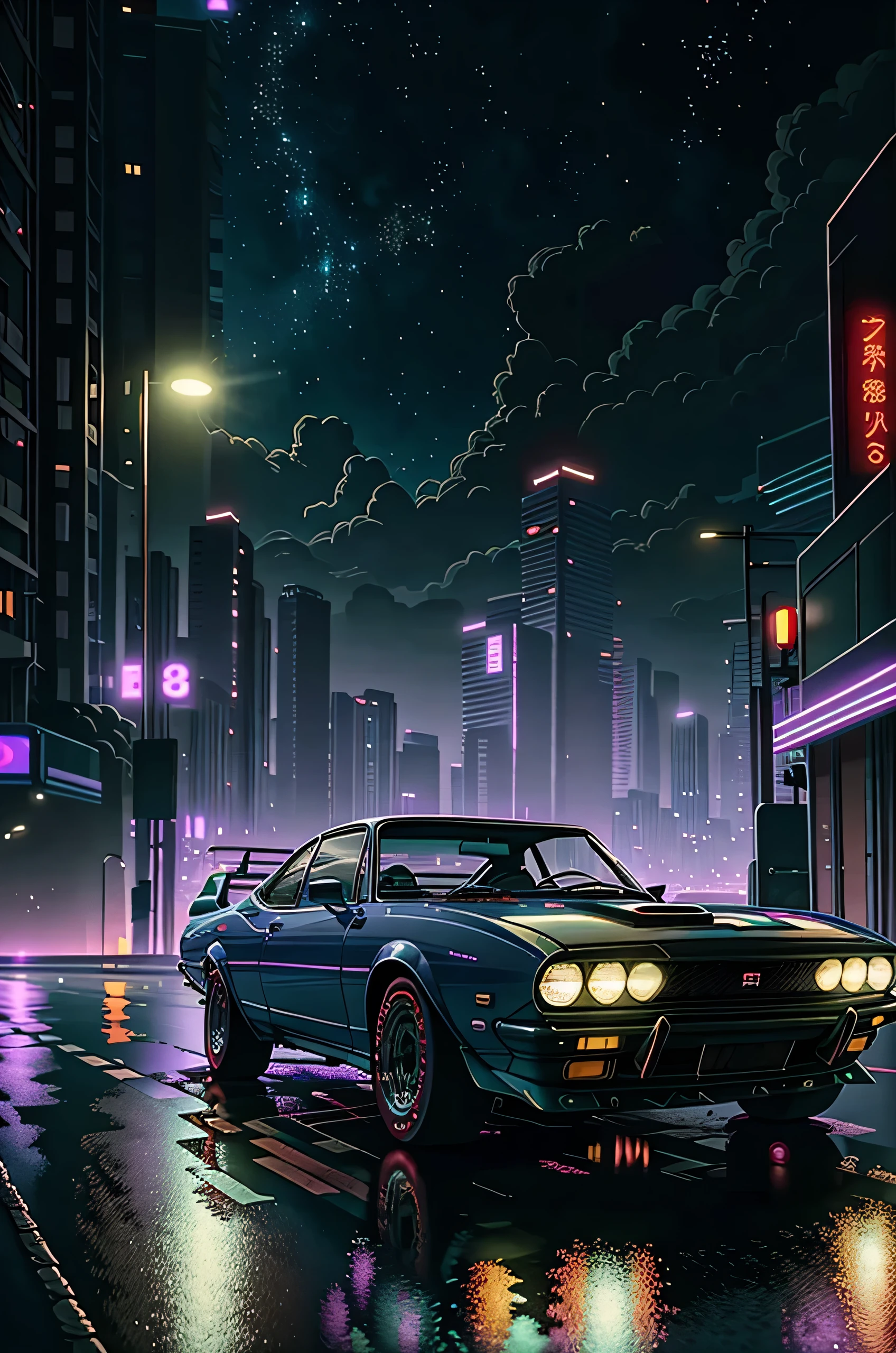 a detailed 1969 Nissan S30 with a wide body kit, driving on a city road at night, surrounded by purple neon lights, (best quality,4k,8k,highres,masterpiece:1.2),ultra-detailed,(realistic,photorealistic,photo-realistic:1.37),cityscape,retrofuturistic,synthwave,vaporwave,80s aesthetic,cinematic lighting,dramatic shadows,moody atmosphere