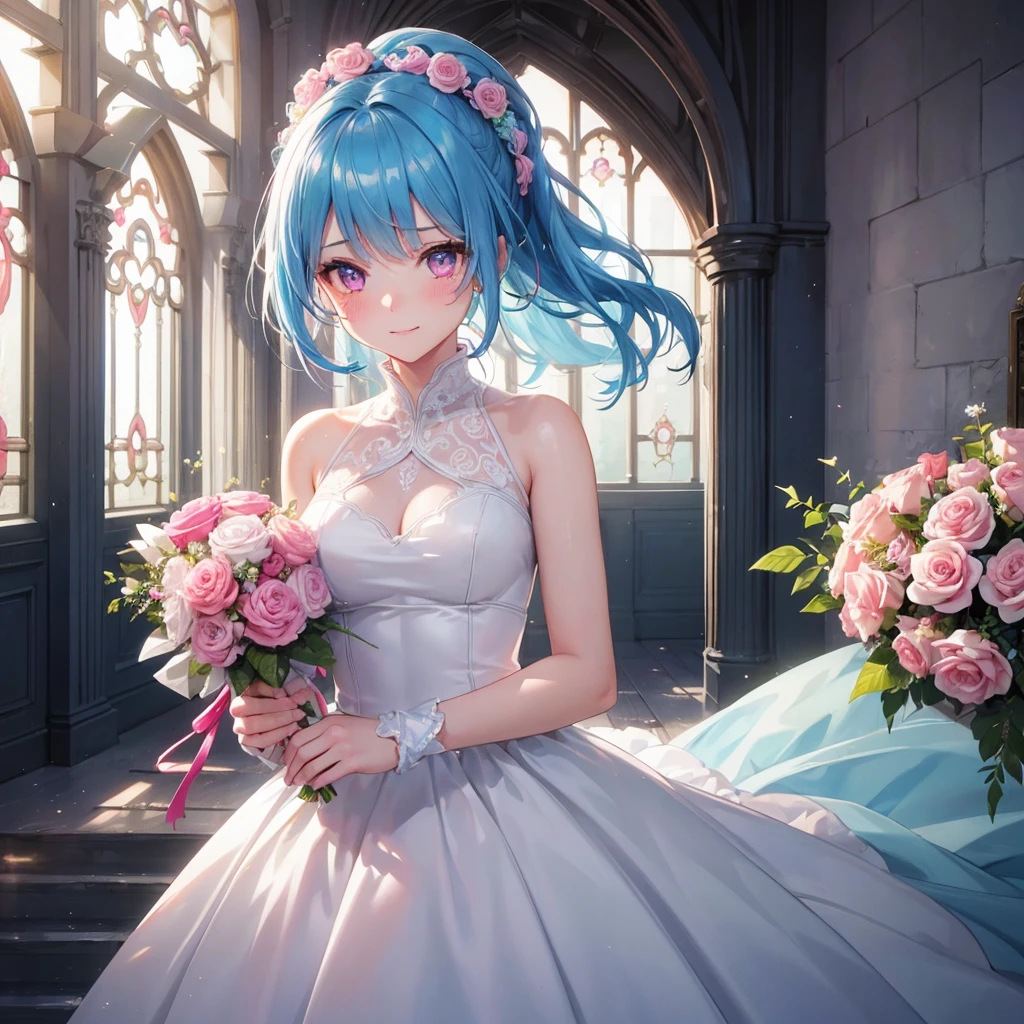 Sky blue hair, (Braided Ponytail),(Pink Eyes),Fair skin ,(whole body),(One girl),bride,A happy smile,Eyes shining with tears,Straight bangs, 6月のbride,Wedding dress,(masterpiece, Highest quality, Very detailed, Best Shadow), (Detailed Background), (Beautifully detailed face), High Contrast, (Best lighting, Very delicate and beautiful), ((Cinematic Light)), colorful, Hyper Detail, Dramatic Light, Intricate details,Chapel,Bouquet of roses