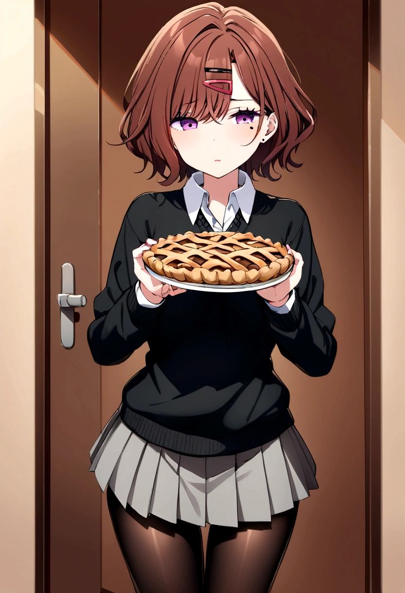 Highest quality, High resolution, One girl, Higuchi Madoka, pantyhose, skirt, Brown Hair, Mole under eye, Mole, hair ornaments, Hair Clip, pleated skirt, short hair,, Long sleeve, bangs, sweater, miniskirt, black sweater, black pantyhose, grey skirt, Collared shirt, Purple eyes, Cowboy Shot,Sex ,cream pie