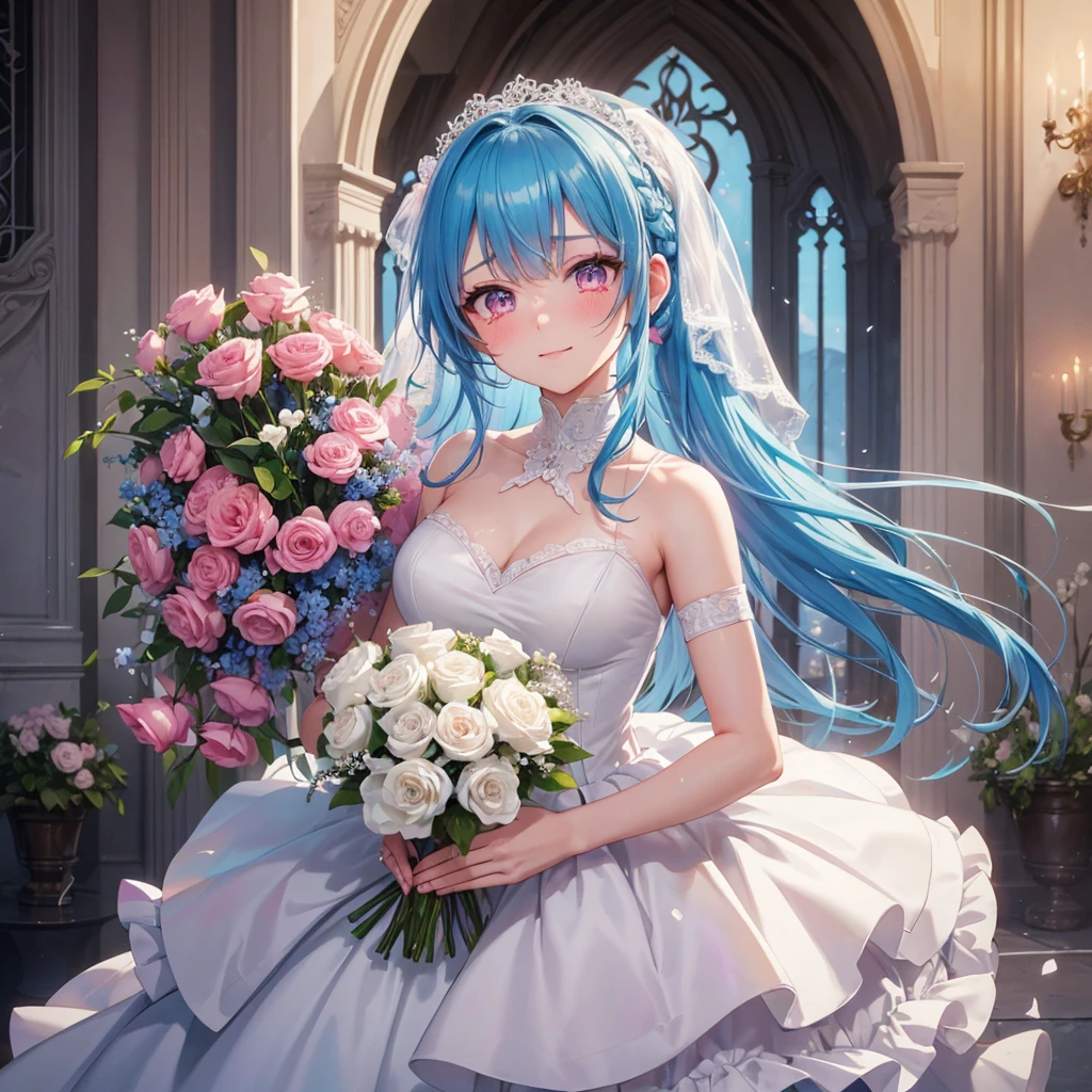 Sky blue hair, (Braided Ponytail),(Pink Eyes),Fair skin ,(whole body),(One girl),bride,A happy smile,Eyes shining with tears,Straight bangs, 6月のbride,Wedding dress,(masterpiece, Highest quality, Very detailed, Best Shadow), (Detailed Background), (Beautifully detailed face), High Contrast, (Best lighting, Very delicate and beautiful), ((Cinematic Light)), colorful, Hyper Detail, Dramatic Light, Intricate details,Chapel,Bouquet of roses