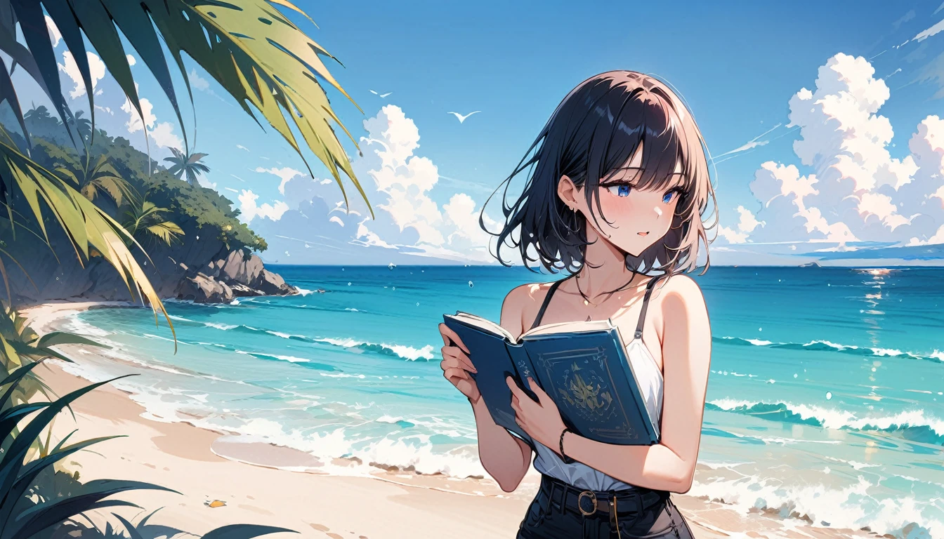 (masterpiece, Highest quality:1.2), 1 Girl, alone,Eyes open,I have a book,Tropical atmosphere,Ocean