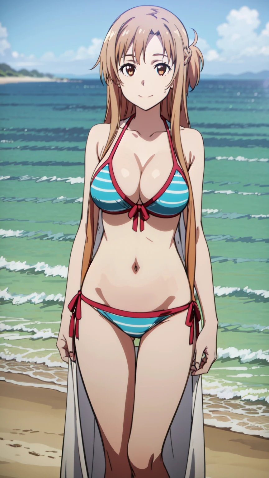 tall body, tall, long legs, mature female, mature, 
 ,Eft_sao_asuna, 1girl, asuna (sao), solo, long hair, smile, brown hair, collarbone, anime coloring, braid, Smiling, looking at the viewer, blue theme, blue background, cloudy sky, sunlight, sweat, orgasmic, bikini swimsuit, (large breasts), cleavage, belly button exposed, collarbone, thighs, sea and beach,