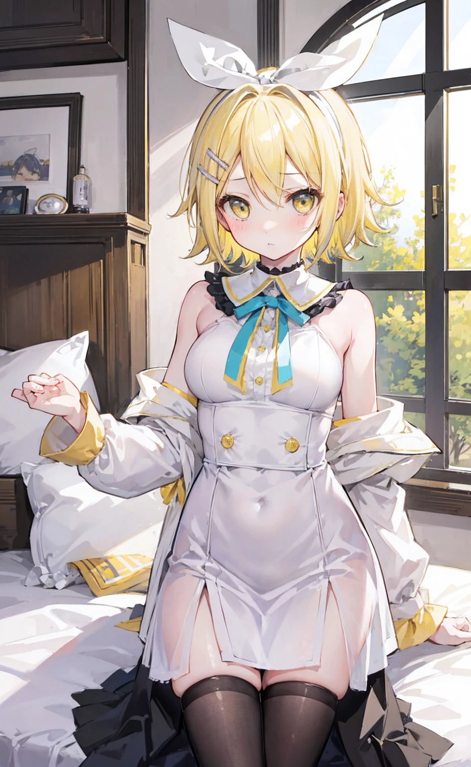 Highest quality、Ultra-precision、One Girl、(Kagamine_Also)、 Yellow Eyes、Cute S、short hair、White Hair Ribbon、Valletta、blonde、Embarrassed look、younger sister、On the bed、Large Breasts、No clothes、naked、Browsing Caution、Please show me your whole body