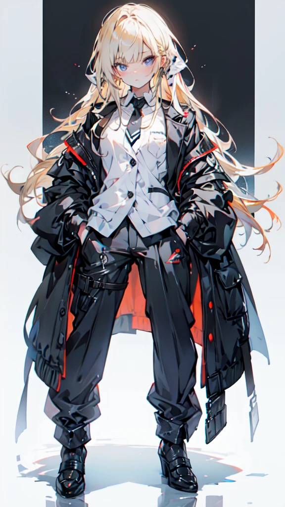 A beautiful young anime girl with long blonde hair, wearing a black jacket and tie, standing with her hand in her pocket and black high heels, highly detailed anime style portrait, clean and detailed anime visual, moe anime artistic style, high quality anime style, photorealistic, 8k, best quality, masterpiece, ultra-detailed, sharp focus, physically-based rendering, vivid colors