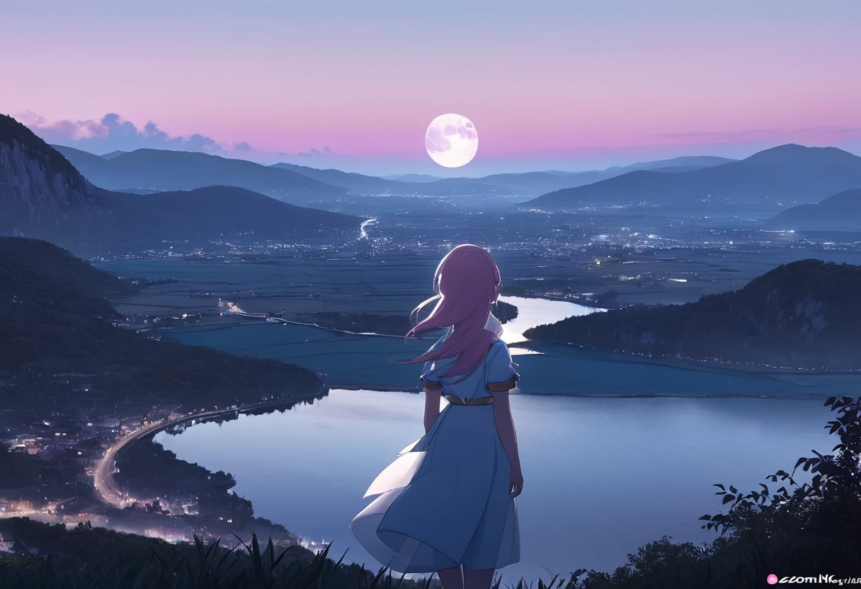 (((zoom out))),8k,((Highest quality)),((high-res)),((shot from behind)),moon,She stands front of a beautiful landscape ,pastel theme,thank you!