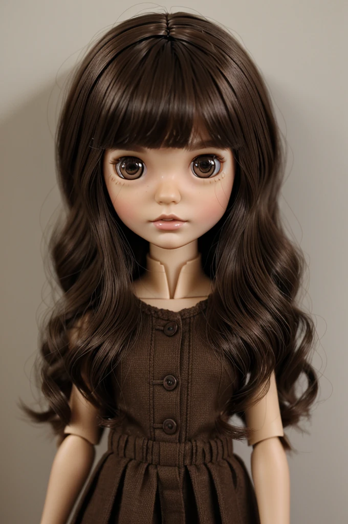 Create a picture of a Blythe doll with dark brown wavy hair, fringe and dark brown almond-shaped eyes