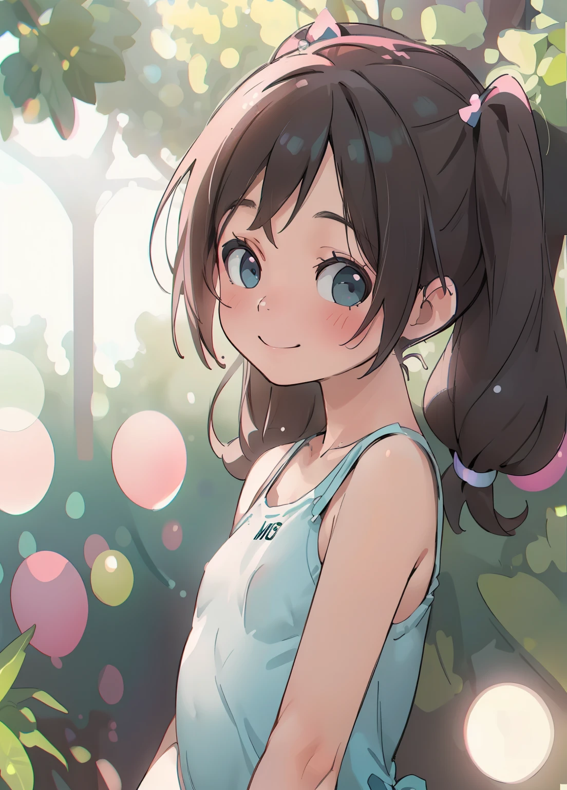 (masterpiece、Highest quality、Highest quality、Official Art、Beautiful and beautiful:1.2)、(One girl:1.3)Hatsune Miku、Twin tails,Beautiful breasts,One Girl、smile:0.1、pretty girl、Brown Hair、Baby Face、young、Delicate girl、Upper Body、Small breasts、Unreasonable precision、Very detailed、camisole、Completely flat、Honesty、Thin arms, Professional Lighting, Film Grain, chromatic aberration, (Eye and facial details:1.0), (Bokeh:1.1)、School Swimsuit)))、software:1.5)))、 Highest quality, 8K, 14 years,