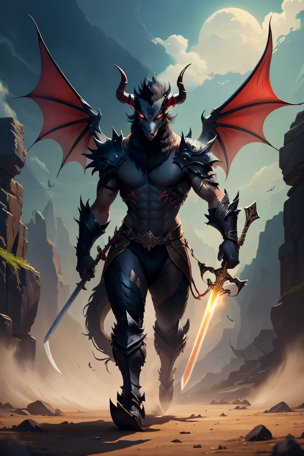 A black dragon wielding a sword,he is bipedal,he has 4red horns on his head,he has 4wings on his back