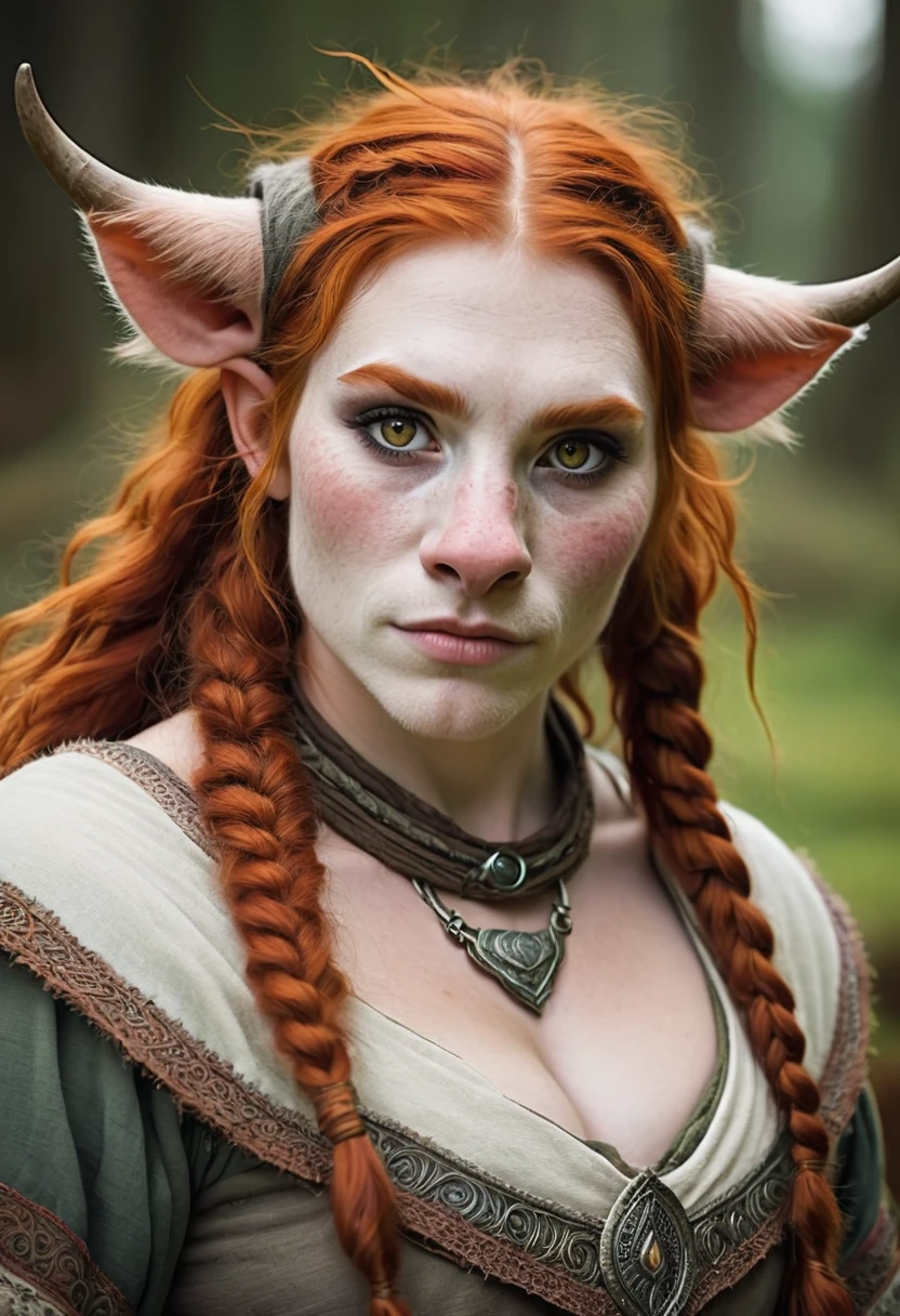 A mythical Humanoid creature called a firbolg. Unnatural red hair. Unnaturally thick eye brows.Snout like nose, large cow like ears. A long cow like tail. Feet like a pigs. Weareing handmade clothes.