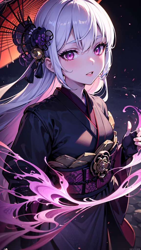 a beautiful young girl in a mysterious night scene, elegant kimono, exquisite japanese hair ornaments, detailed facial features, porcelain skin, graceful pose, glowing supernatural aura, dark moody atmosphere, deep shadows, moonlight, rich vibrant colors, intricate detailed textures, award-winning digital art, masterpiece, 8k, photorealistic