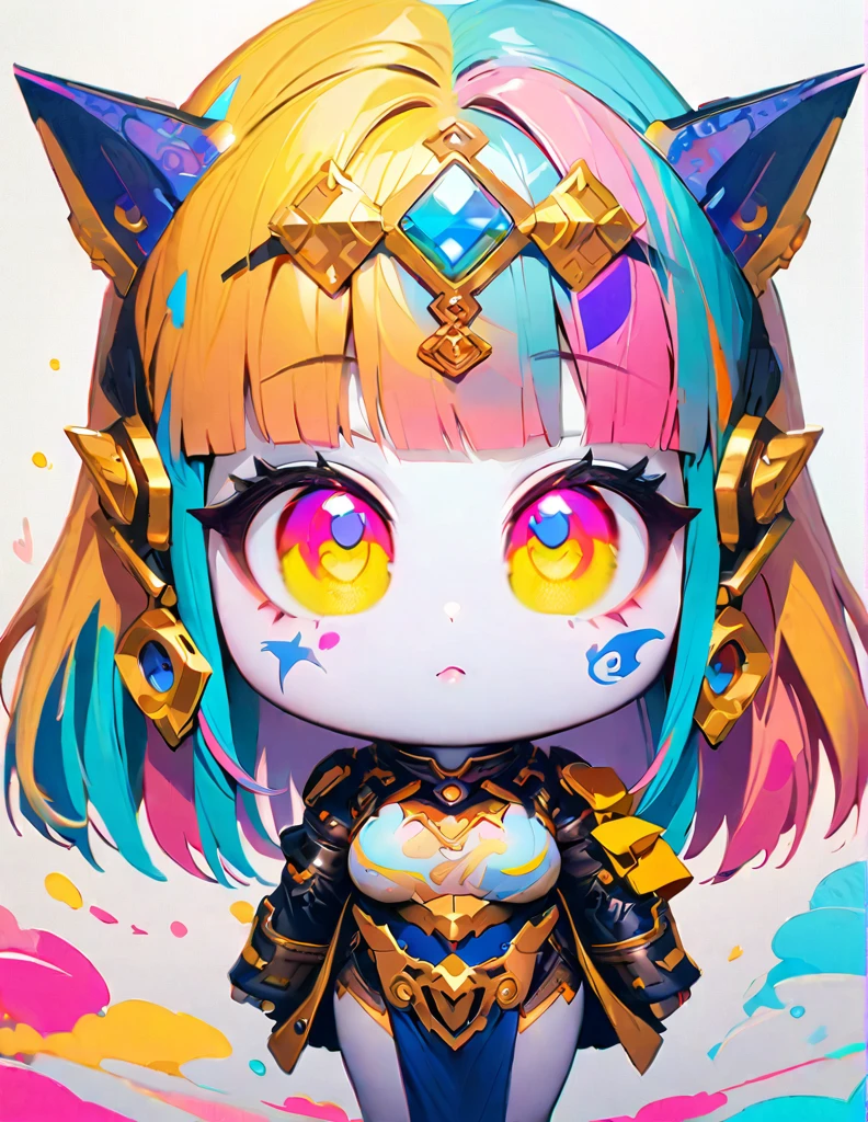 quality(8k wallpaper of extremely detailed CG unit, ​masterpiece, hight resolution, top-quality, top-quality ,hyper realisitic, digitial painting,increase the resolution,RAW photos，best qualtiy,highly detailed,the wallpaper),BREAK,8K, onmyoji-style art Light, full face, mixed color eyes, Chibi, colorful makeup, white skin, white long  hair,  jewelry, tattoos, nimb 