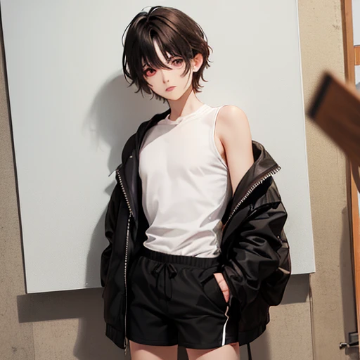 Under the legend，Shara，boy，sexy for，open shirt，black shorts，Black Silk，white sneakers, Blush，Standing position，has short brown hair，Painting Stand，blood red eyes, open legs, เด็กman, man, 10 years old, 