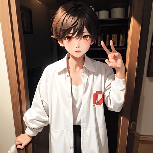 Under the legend,Shara,boy,sexy for,open shirt,black shorts,Black Silk,white sneakers, Blush,Standing position,has short brown hair,Painting Stand,blood red eyes, open legs, เด็กman, man, 10 years old,