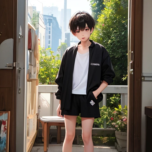 Image of bench boy, brown eyes straight hair and long to shoulder height and dark brown color, dressed in Japanese school style jacket of blue color and open showing muscular body, holding a katana