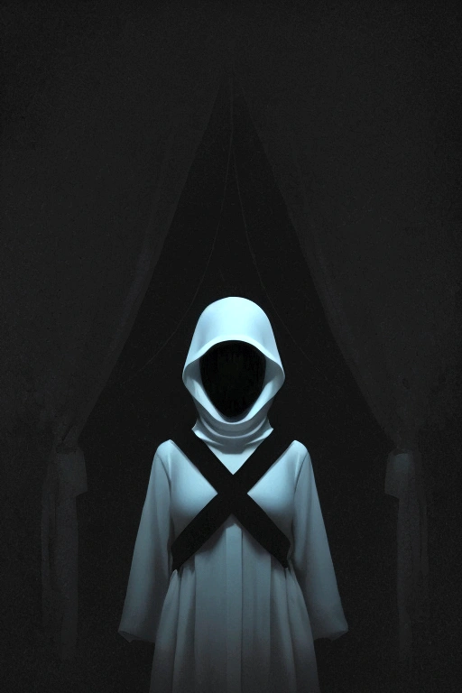 1 female,  Pitch black background,(((Something white and mysterious crossed in front of me))), Alone in the void, Pitch black night world, An illustration