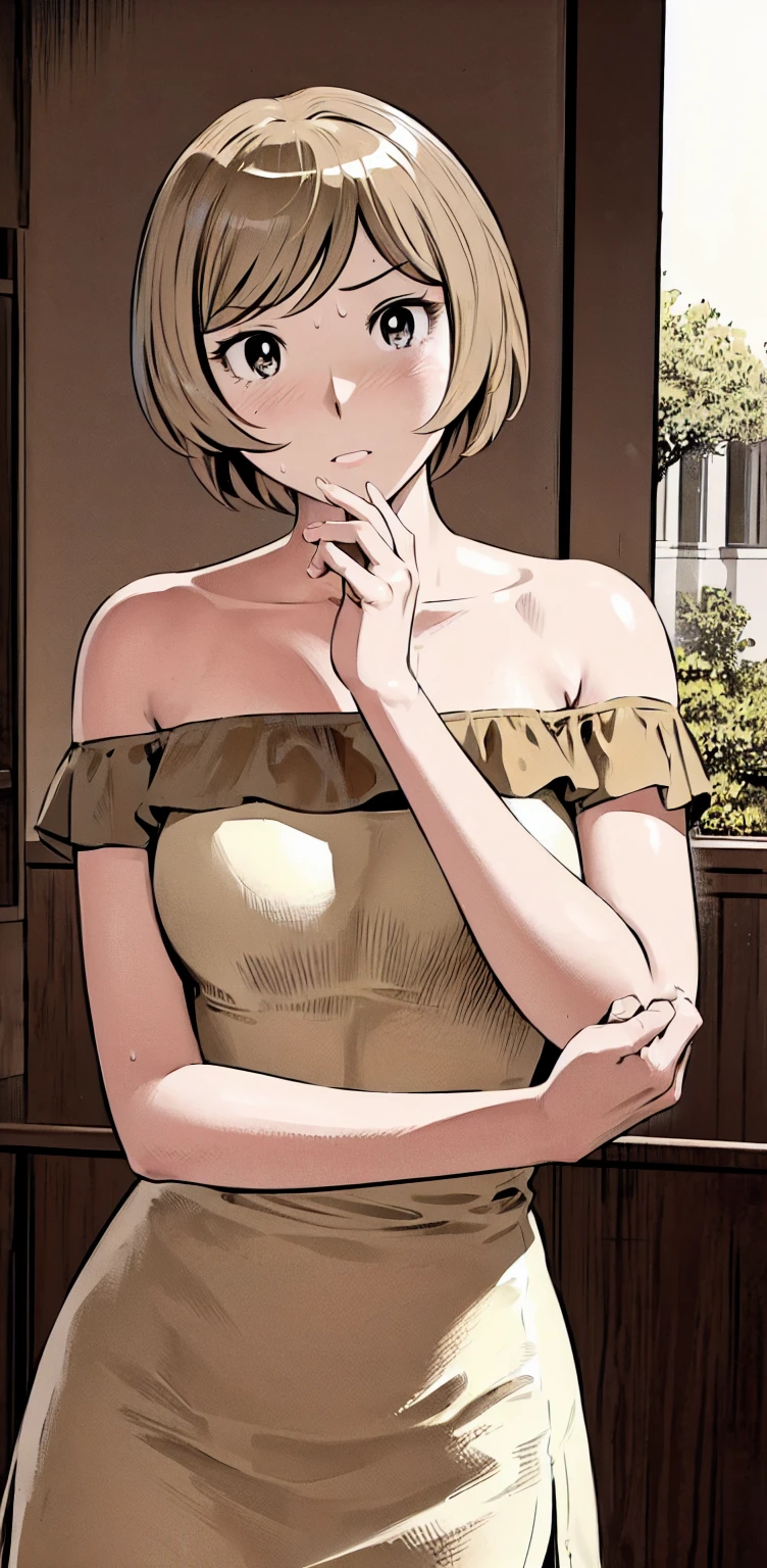 、(masterpiece、Highest quality)、Highest quality, Ultra-high resolution, (((masterpiece))), alone, Sweat、Big eyes,Show Viewer, 
blonde,(short hair:1.2), (Highest quality:1.3),One Girl,Private Server、Floral dress、nature、Off the shoulder、Embarrassed face