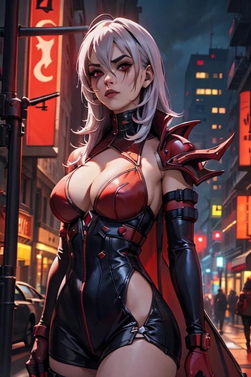 SallyWhitemane, cyberpunk, short open coat, red and black clothing, cyberpunk street in background, night time, sharp resolution, cleavage cutout, highly detailed