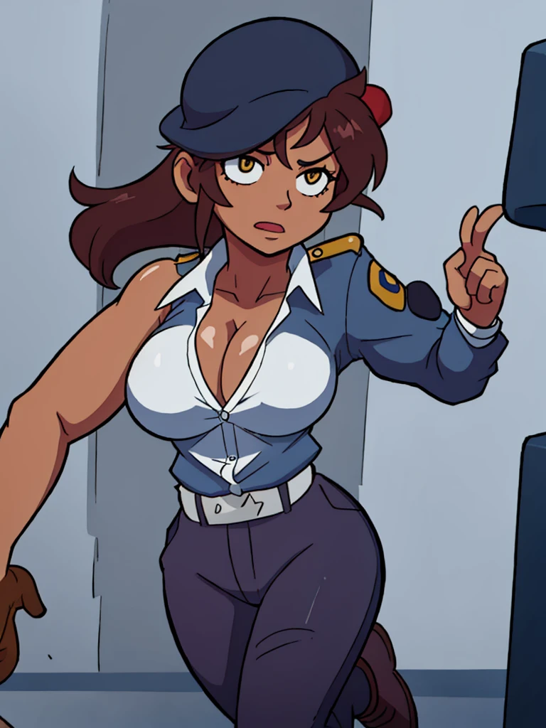 A photo of a busty female police, police hat, running, in a slum, cleavage:1.2, unbuttoned shirt, (detailed skin complexion:1.2), best quality, deep color, complex shading effect, ambient occlusion, highly detailed textures