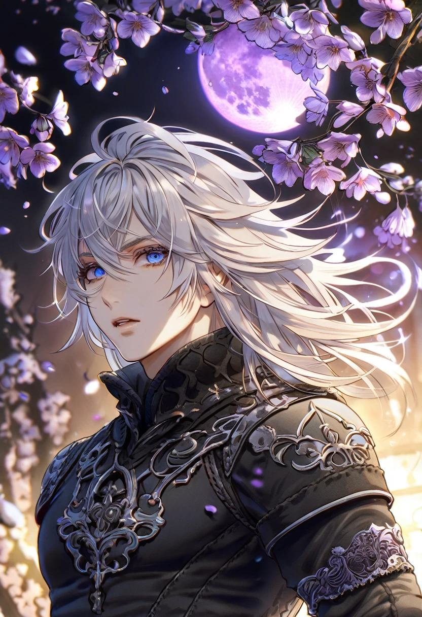 absurdres, highres, ultra detailed, HDR, master piece, best quality, Nier, white hair, medium hair, messy hair, expressive blue eyes, Nier Replicant, solo, sexy man, handsome, black clothes, fantasy, purple moon, purple flowers, purple blossoms, purple petals, fireflies