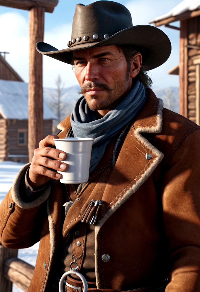 a portrait of the wild west era cowboy in winter,holding a hot-drinking cup, thirty degrees side view, breathing, epic realism, extremely detailed, 8k