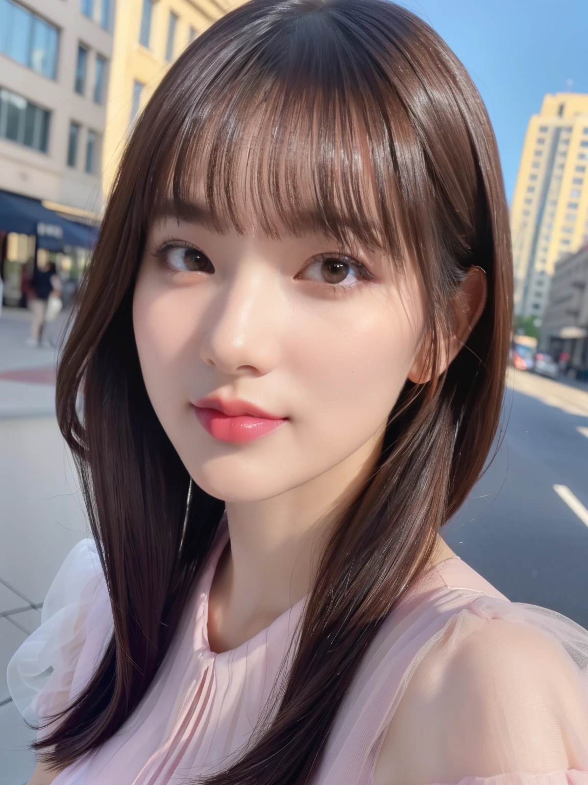 (RAW Photos, highest quality), (Realistic, Photorealistic:1.4), (Masterpiece), (Highest quality), High resolution, 8K resolution, (Intricate details), (Volumetric Light), Portraiture, woman, 30 years old, Medium Hair, Layered Hair, Brown Hair, Highly detailed eyes, Source order, Very thin eyebrows, Highly detailed skin, Highly detailed mouth, Highly detailed nose, Cute like an idol, Slender body, smile, ((Pink lipstick)), ((Look at the viewers)), (An elegant and transparent Deep purple see-through short-sleeved dress :1.2), ((Random Body Orientation)), Sunny day cityscape background, Face looking at camera,