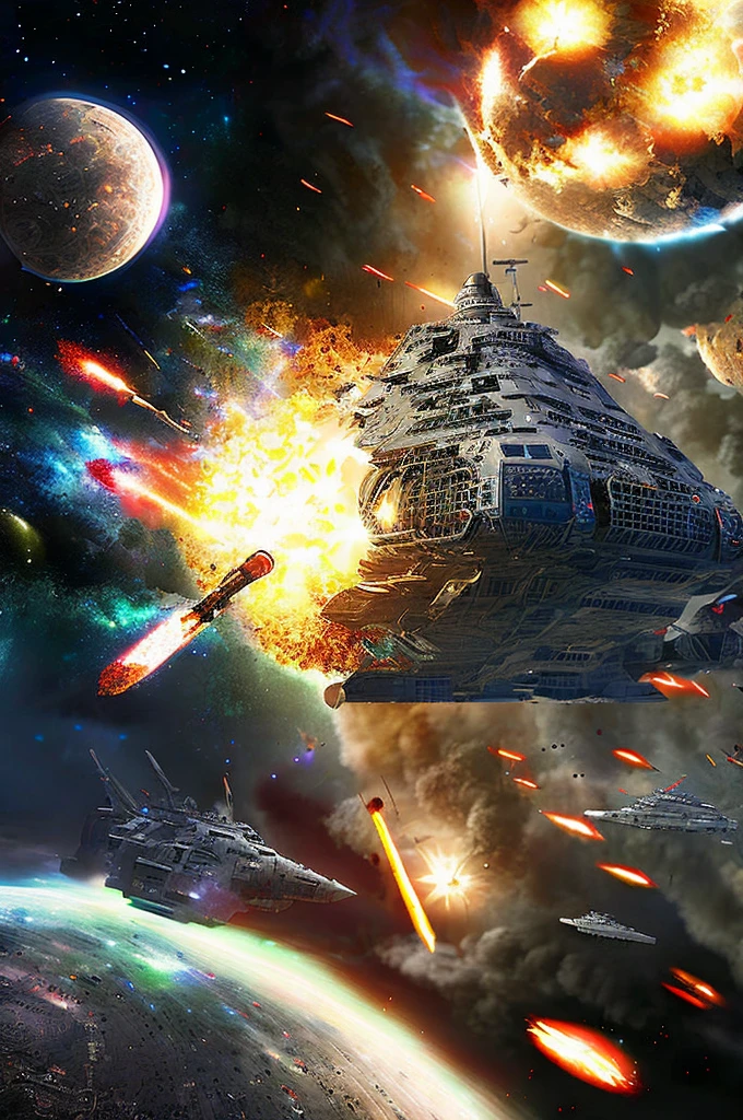 a giant battleship firing its turrets while being hit with lasers and missiles, masterpiece, epic space battle, photo realistic, best