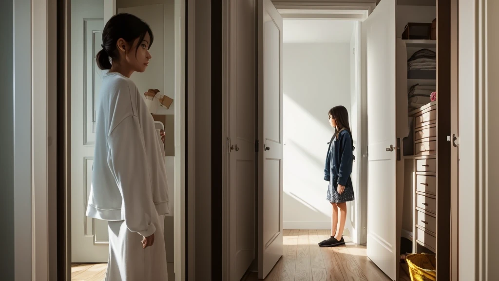 Begin with a drawing of individual standing in front of an open closet, looking introspective and determined. Include details like their facial expression and body to convey their emotional state.
