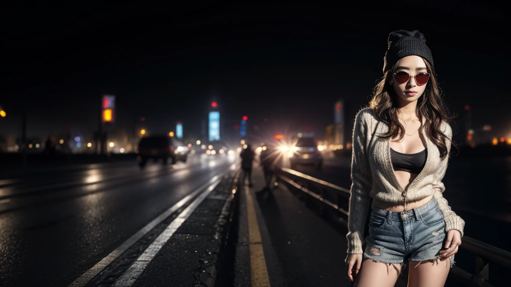 8k, Realistic Skin Texture, Realistic Photo, Neo Tokyo, slim Japanese women, large-breast:1.4 cleavage, AD2050 at night, Dirty hunting jacket, Wearing multiple shirts, (((black sunglasses, automatic rifle, sneakers, Knit cap, cold, shooting pose))), Innovative composition, revenge, An old 1966 Ford Bronco that looks out of place in a city, cyberpunk, blade runner worldview, Large neon sign, Geisha hologram sign, Strong Wakamoto Sign.